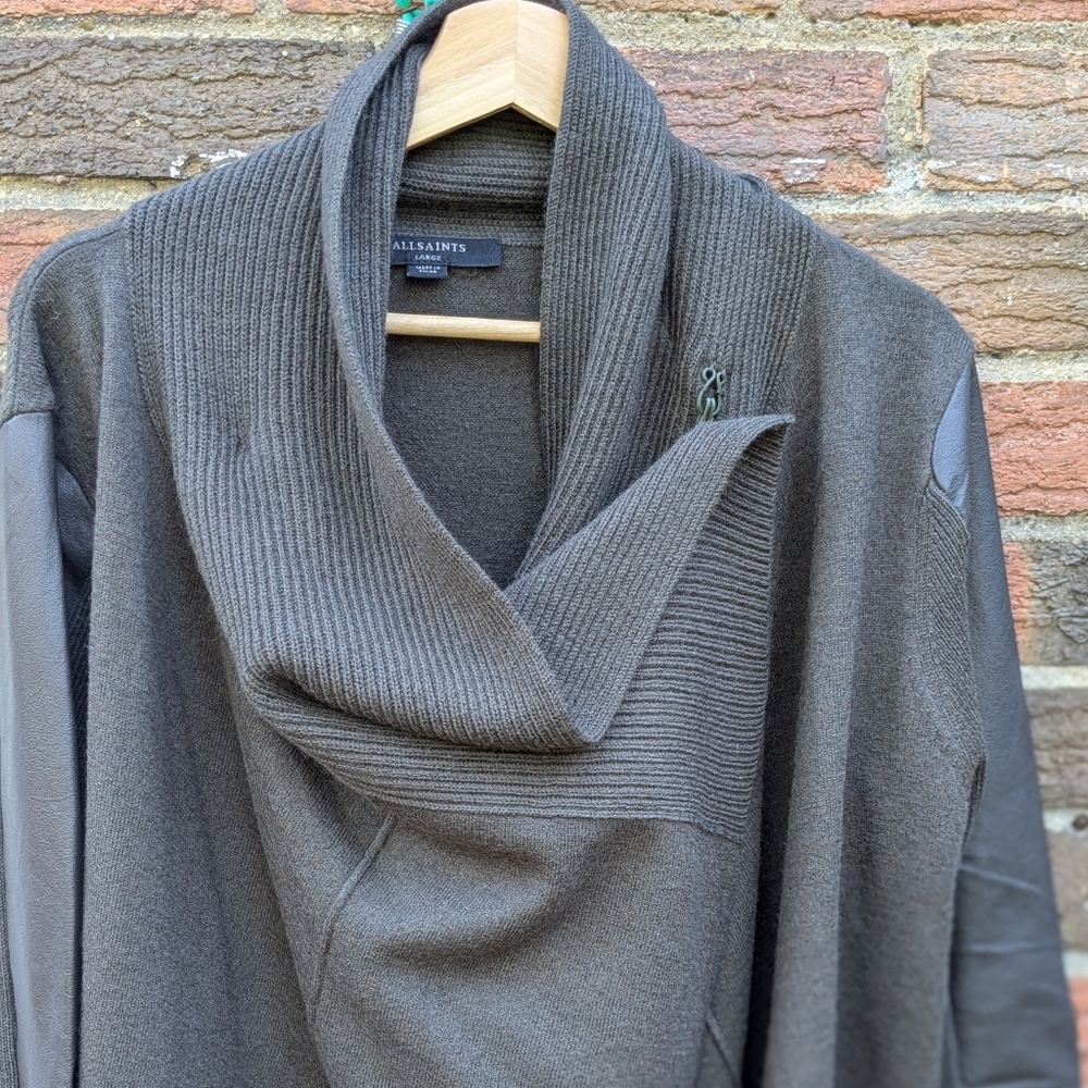 All Saints Cowl Neck Wool And Leather Sweater